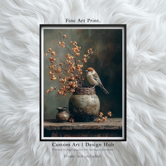 Rustic Bird Berry Still Life Art Print Vintage Autumn Decor