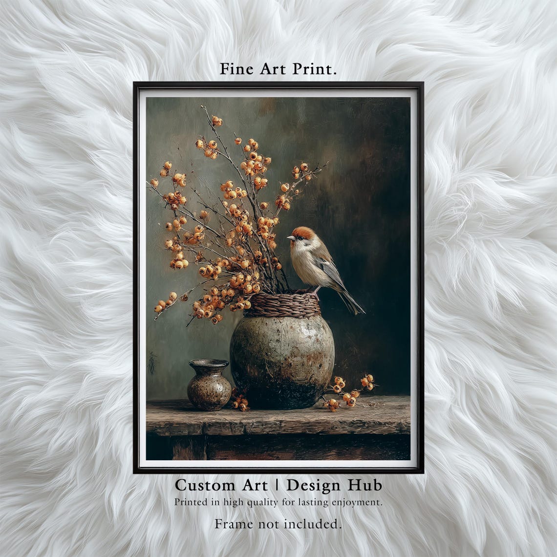 Songbird with Golden Berries Still Life Rustic Autumn Wall Art