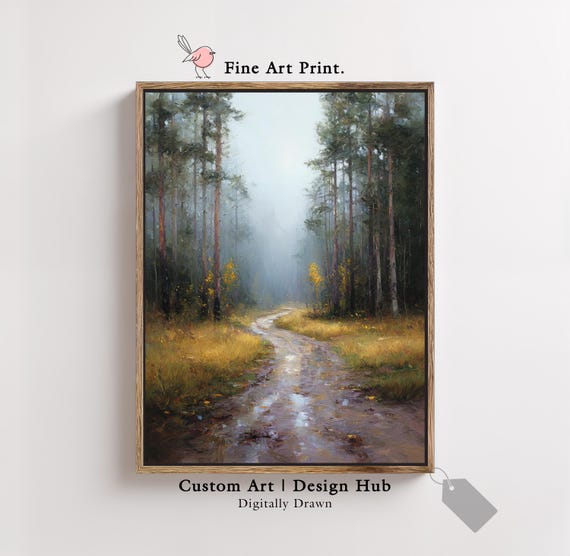 Forest Path Wall Art Misty Landscape Painting With Trees And Nature Trail Print