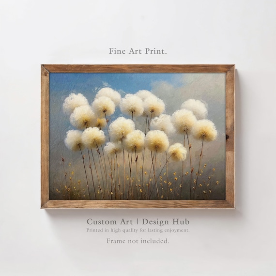 White Cottongrass Wildflowers Poster Soft Floral Meadow Painting