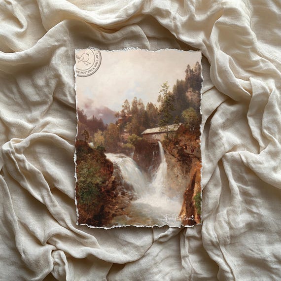 Mountain Waterfall Oil Painting Print Vintage Nature Landscape Wall Art Rustic Cabin Decor