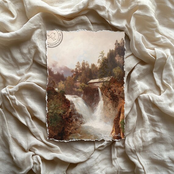 Mountain Waterfall Old Forest Mill Vintage Oil Painting Wall Art