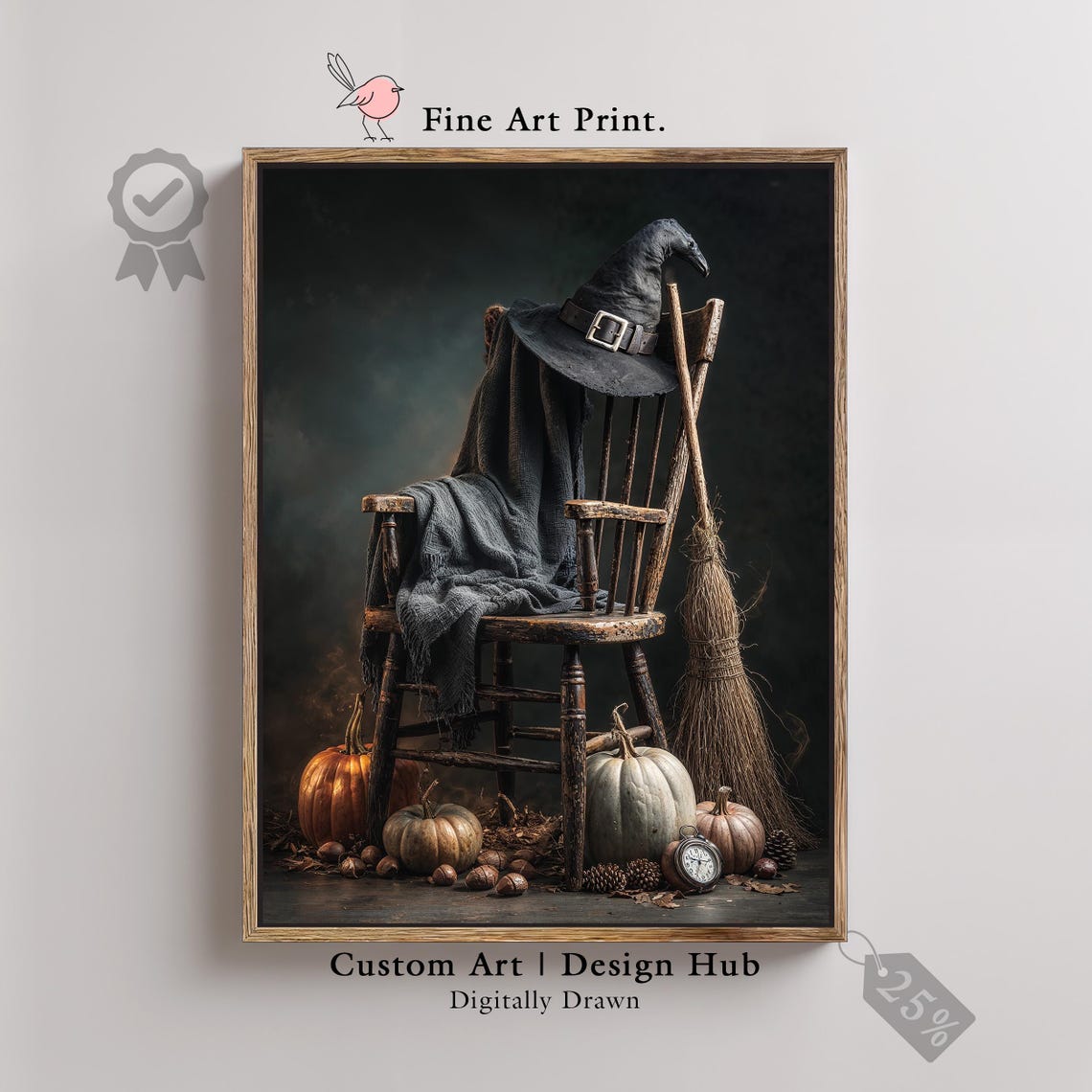 Rustic Witch Hat on Chair Broom and Pumpkins Halloween Art Print