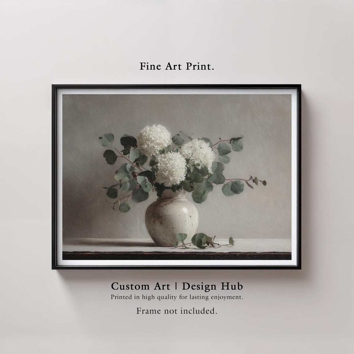 White Hydrangea and Eucalyptus Vase Muted Floral Still Life Print
