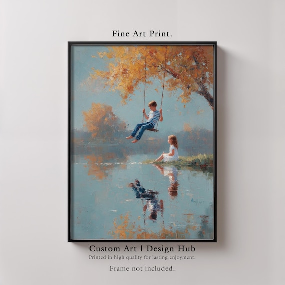 Autumn Impressionist Print Children By Lake Nostalgic Landscape