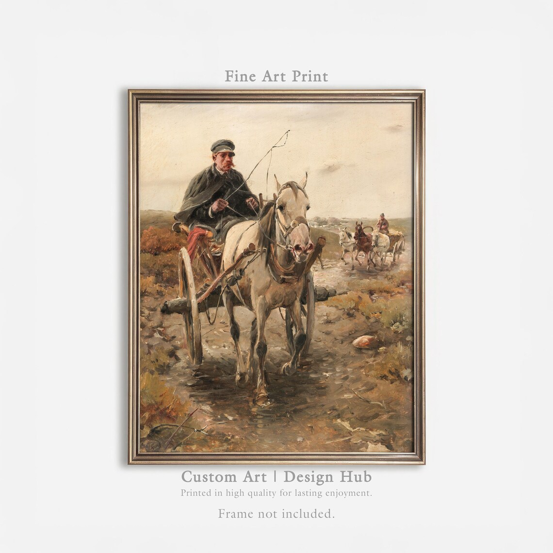 Man Driving White Horse Cart On Country Road Vintage Painting Poster