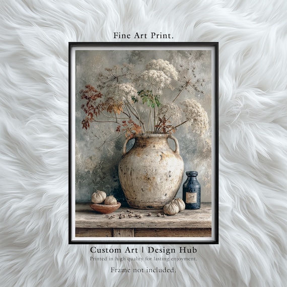 Botanical Still Life Print Vintage Clay Pot Dried Flowers