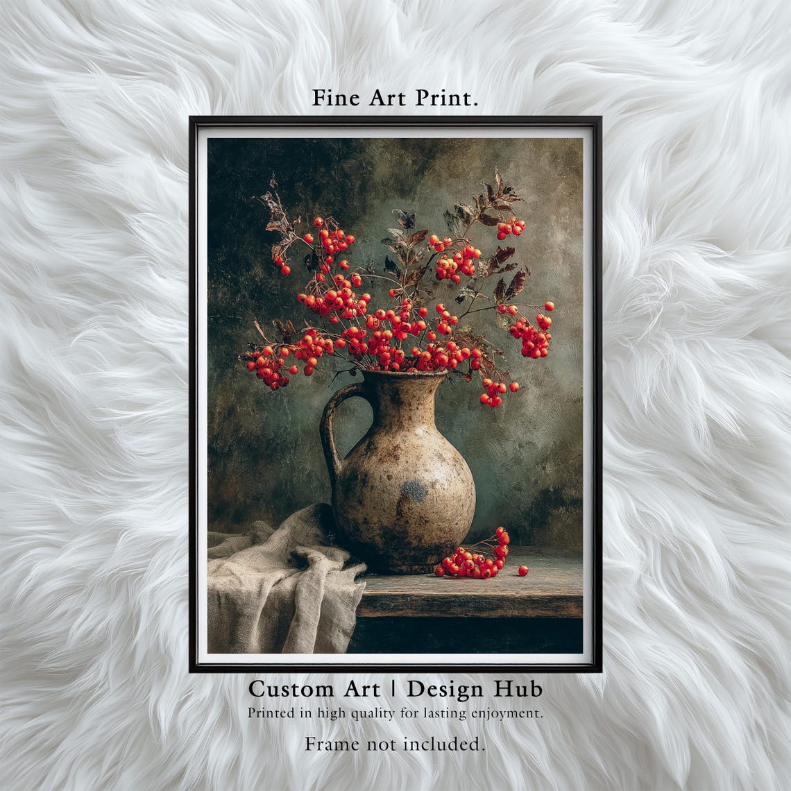 Rowan Berry Still Life Red Berries Clay Jug Rustic Autumn Decor Poster