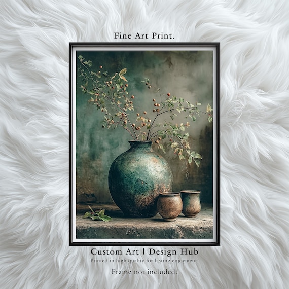 Botanical Still Life Print Green Ceramic Vase Vintage Fruit Branch Art