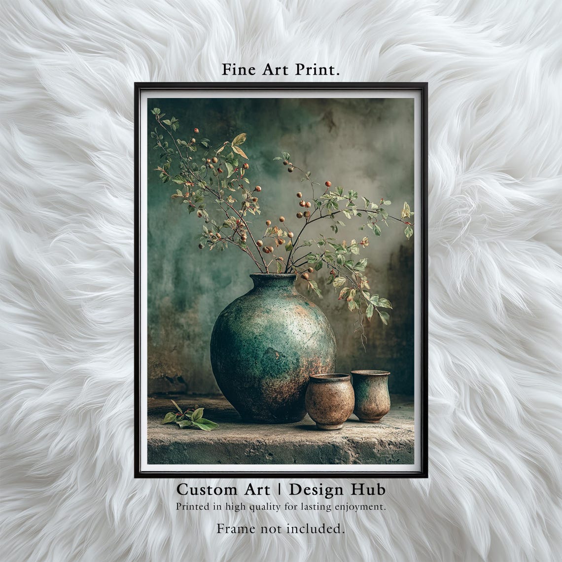 Berry Branch Still Life Painting Green Ceramic Vase Dark Moody Poster