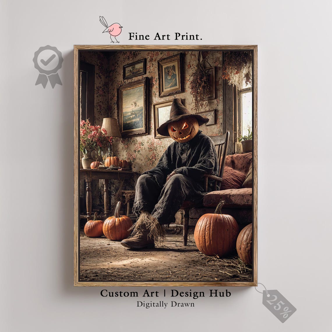 Pumpkin Head Scarecrow in Rustic Cottage Gothic Halloween Poster