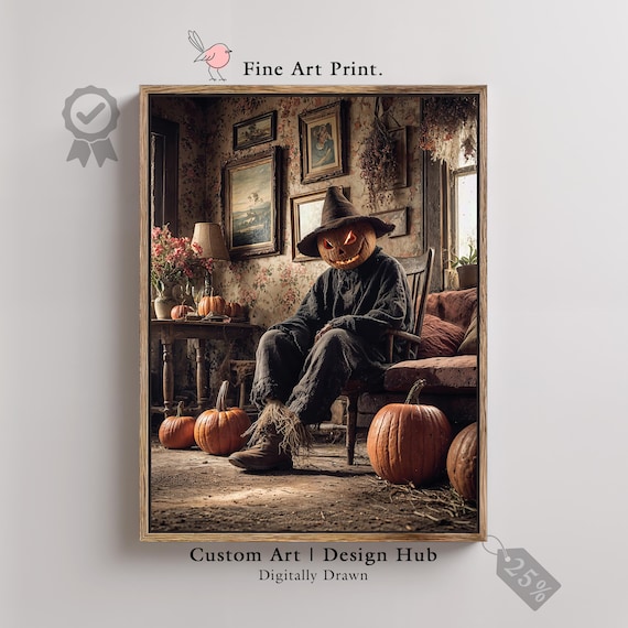 Spooky Scarecrow Pumpkin Print Gothic Farmhouse Halloween Decor