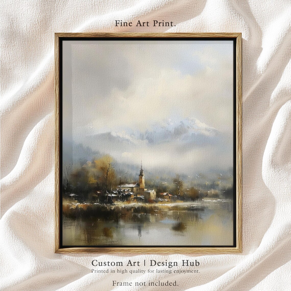 Misty Mountain Village Church Lakeside Fine Art Landscape Poster