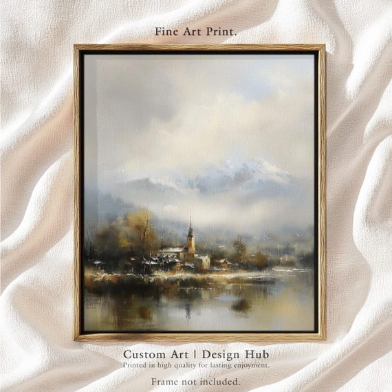 Misty Mountain Village Art Print Tranquil Countryside Landscape