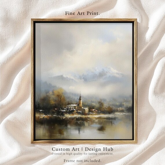 Misty Mountain Village Church Lakeside Fine Art Landscape Poster