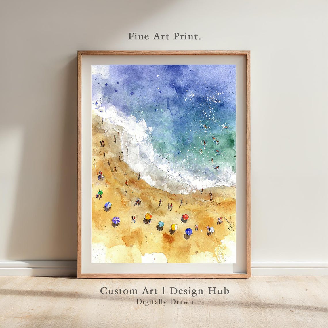 Aerial Beach Umbrellas Swimmers Watercolor Coastal Summer Poster