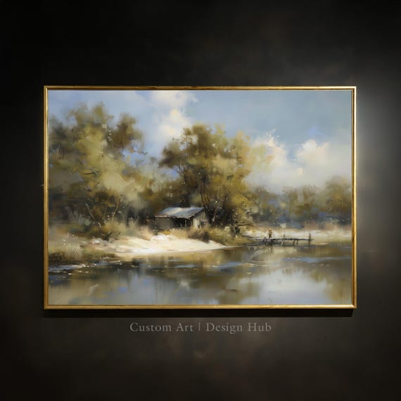 Rustic Cabin Lake Art Print Serene Countryside Landscape