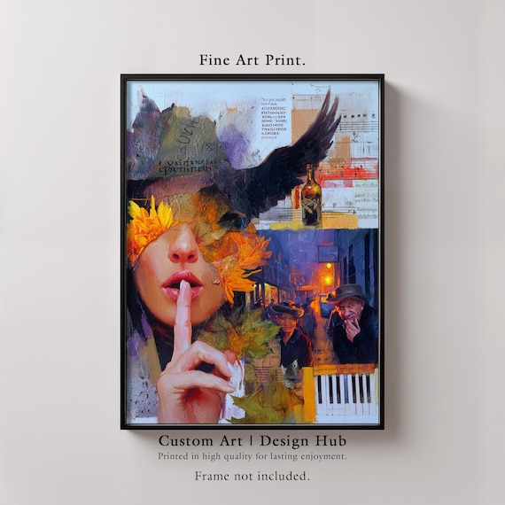 Surreal Woman Shushing Crow Piano Keys Night Street Collage Print