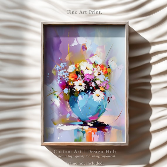 White Daisy Bouquet Blue Vase Modern Impressionist Floral Art Poster