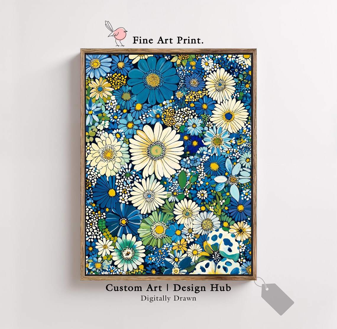 Blue And White Floral Wall Art Colorful Daisy Print Botanical Illustration For Home Decor