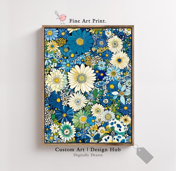 Blue And White Floral Wall Art Colorful Daisy Print Botanical Illustration For Home Decor