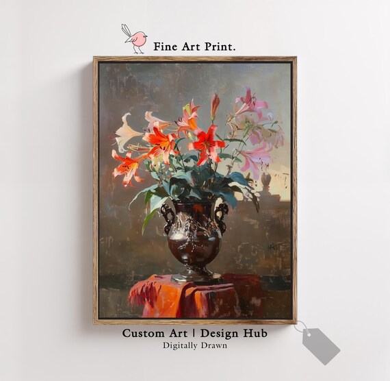 Lily Floral Still Life Print Vintage Vase Oil Style Painting Elegant Botanical Wall Art