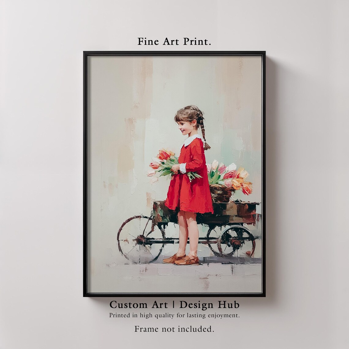 Girl Red Dress Tulips Vintage Painting Children Flower Art Poster