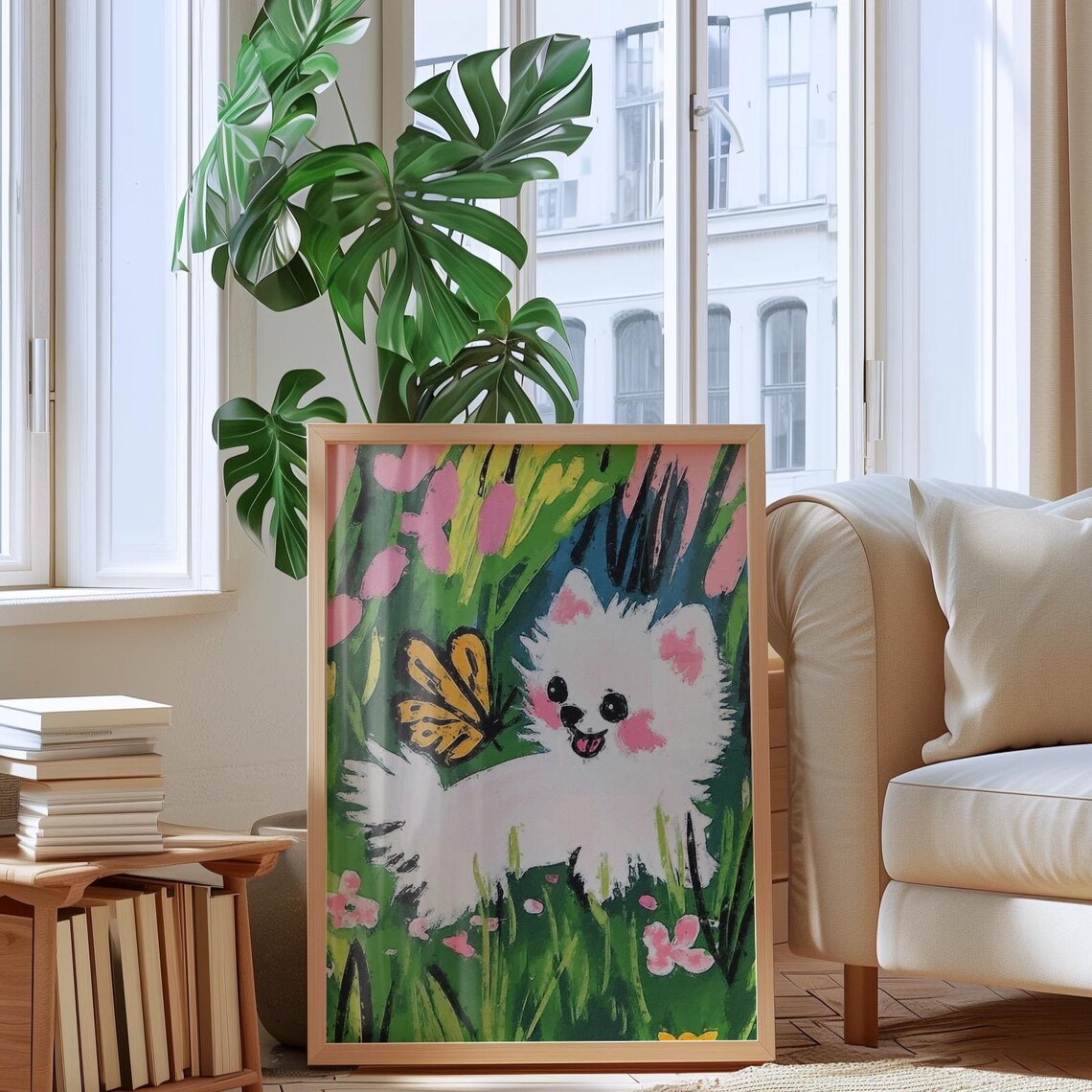 Smiling White Puppy Chasing A Yellow Butterfly In The Garden Poster