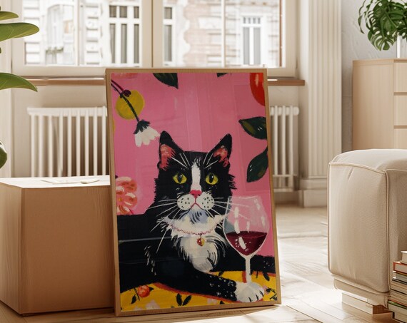 Tuxedo Cat With Glass Of Red Wine Sophisticated Wine Night Art Poster