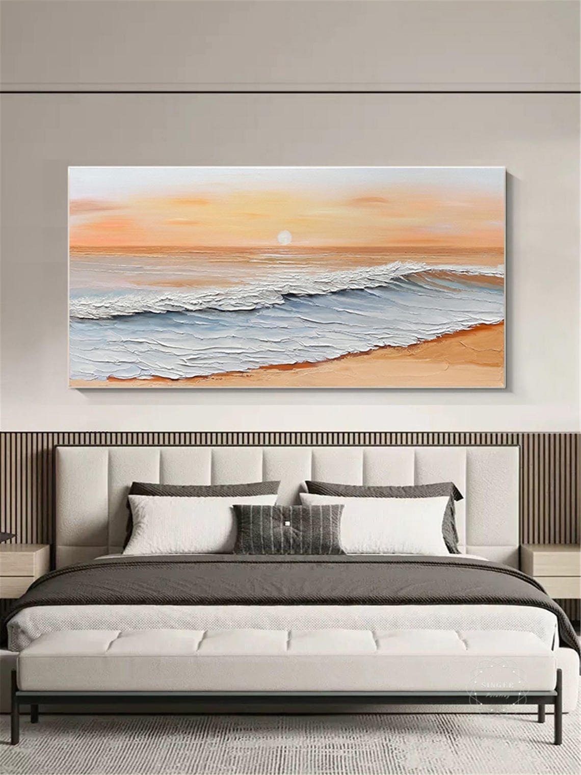 Golden Sunset Ocean Waves Beach Painting Framed Living Room Wall Art - Image 2