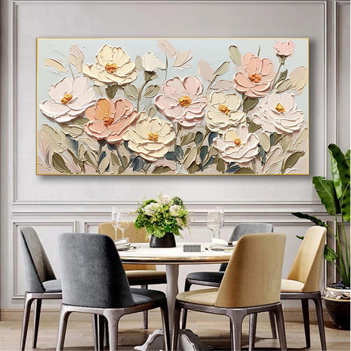 Soft Pink Cream Bloom Pale Blue 3D Textured Floral Painting Poster - Image 5