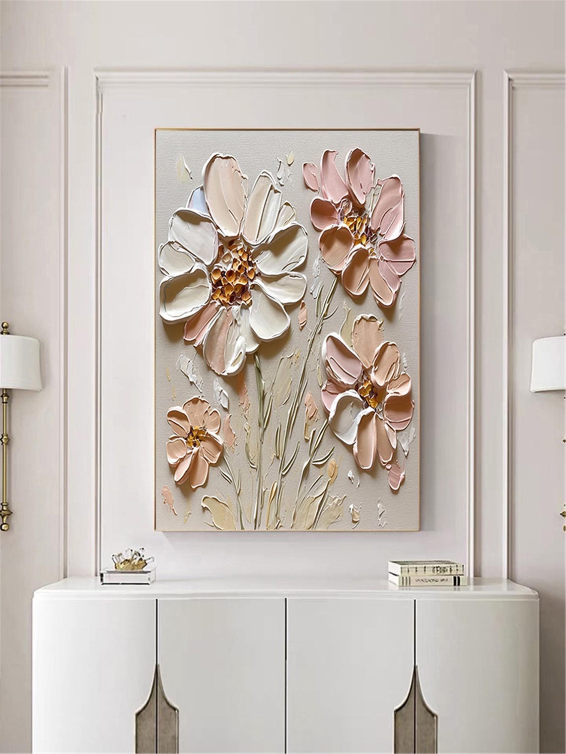 Oversized Pink Cream Bloom 3D Textured Floral Painting Poster - Image 4