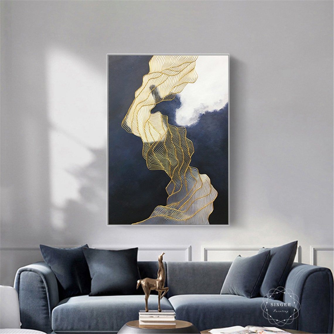 Gold Contour Silk Waves on Navy Blue Abstract Elegant Wall Art Poster - Image 4