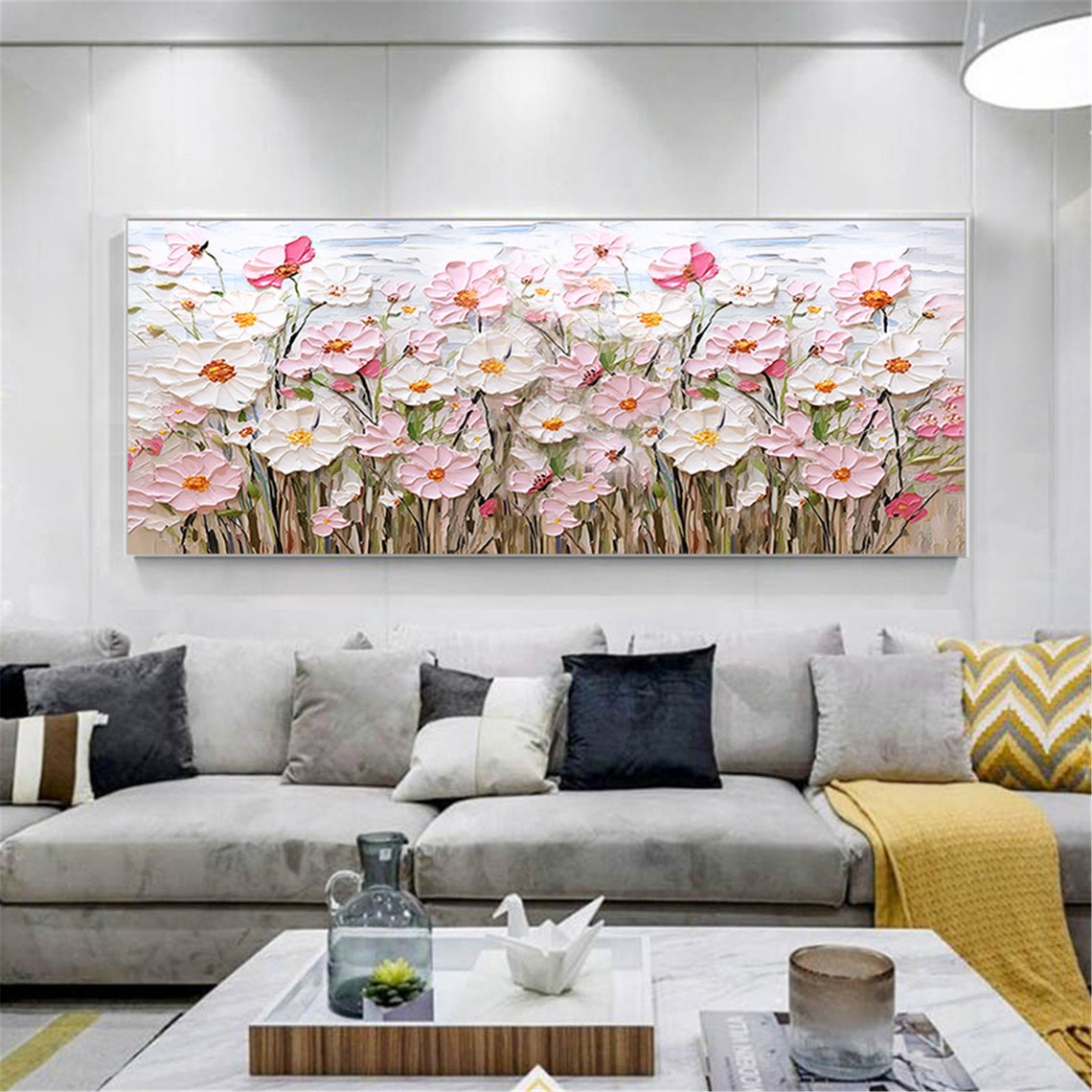 Pink White Cosmos Meadow Golden Stems Panoramic Spring Wall Art - Image 4