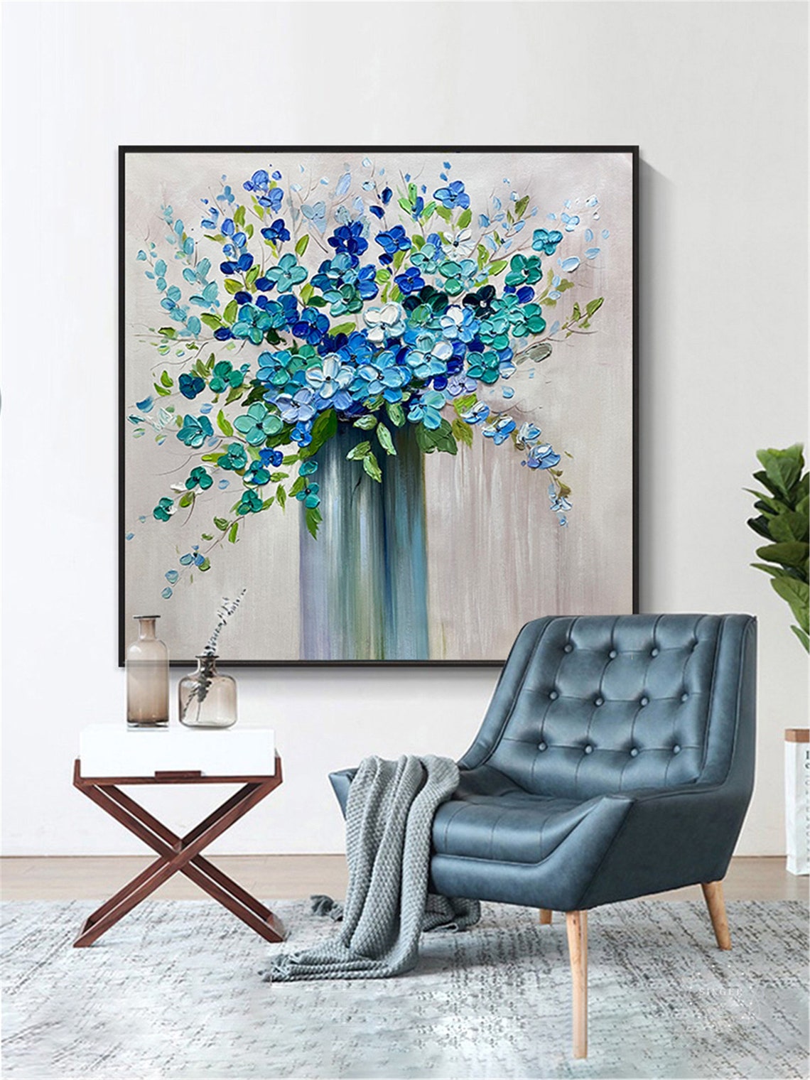 Blue Hydrangea Bouquet in Vase Textured Impasto Floral Wall Art Poster - Image 4