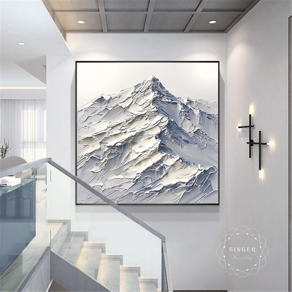 Snow Peak Summit 3D Textured Impasto Painting White Minimalist Poster - Image 5