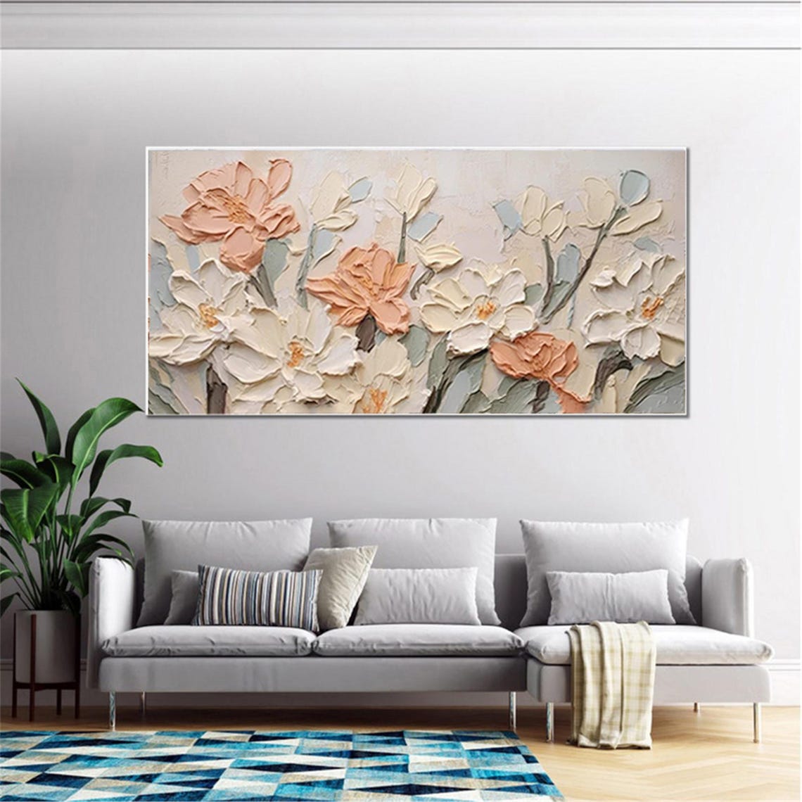 Neutral Cream Peach Large Bloom 3D Textured Floral Painting Poster - Image 2
