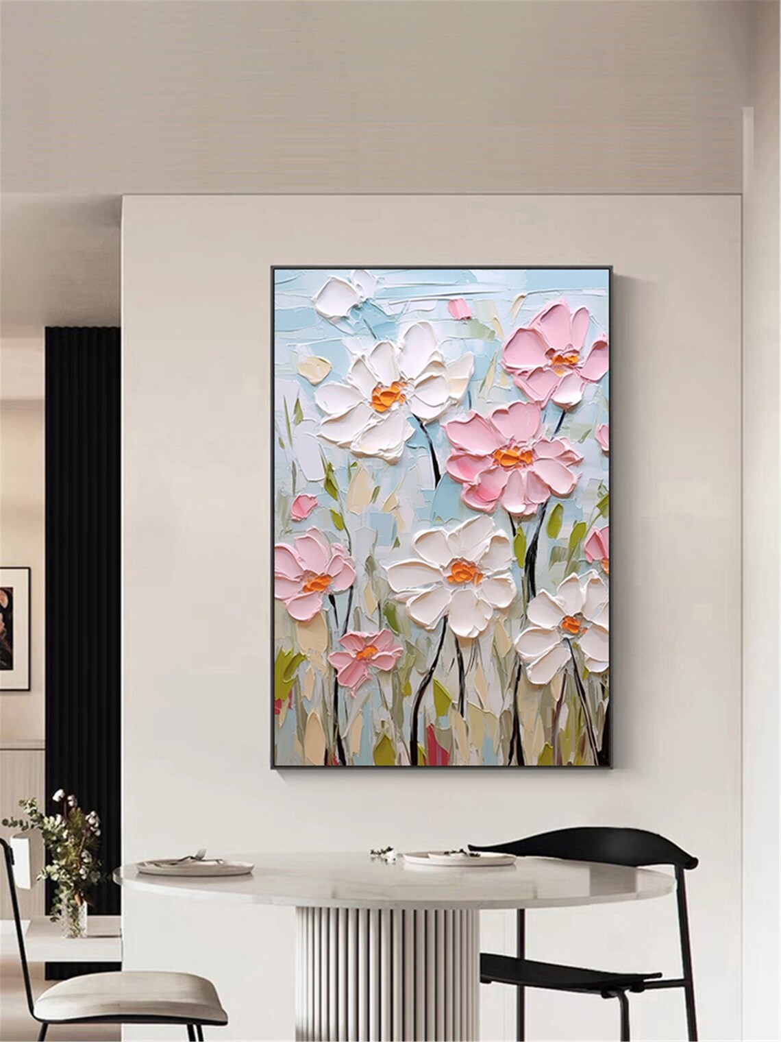 Pink White Blossom Light Blue 3D Textured Floral Painting Poster - Image 4