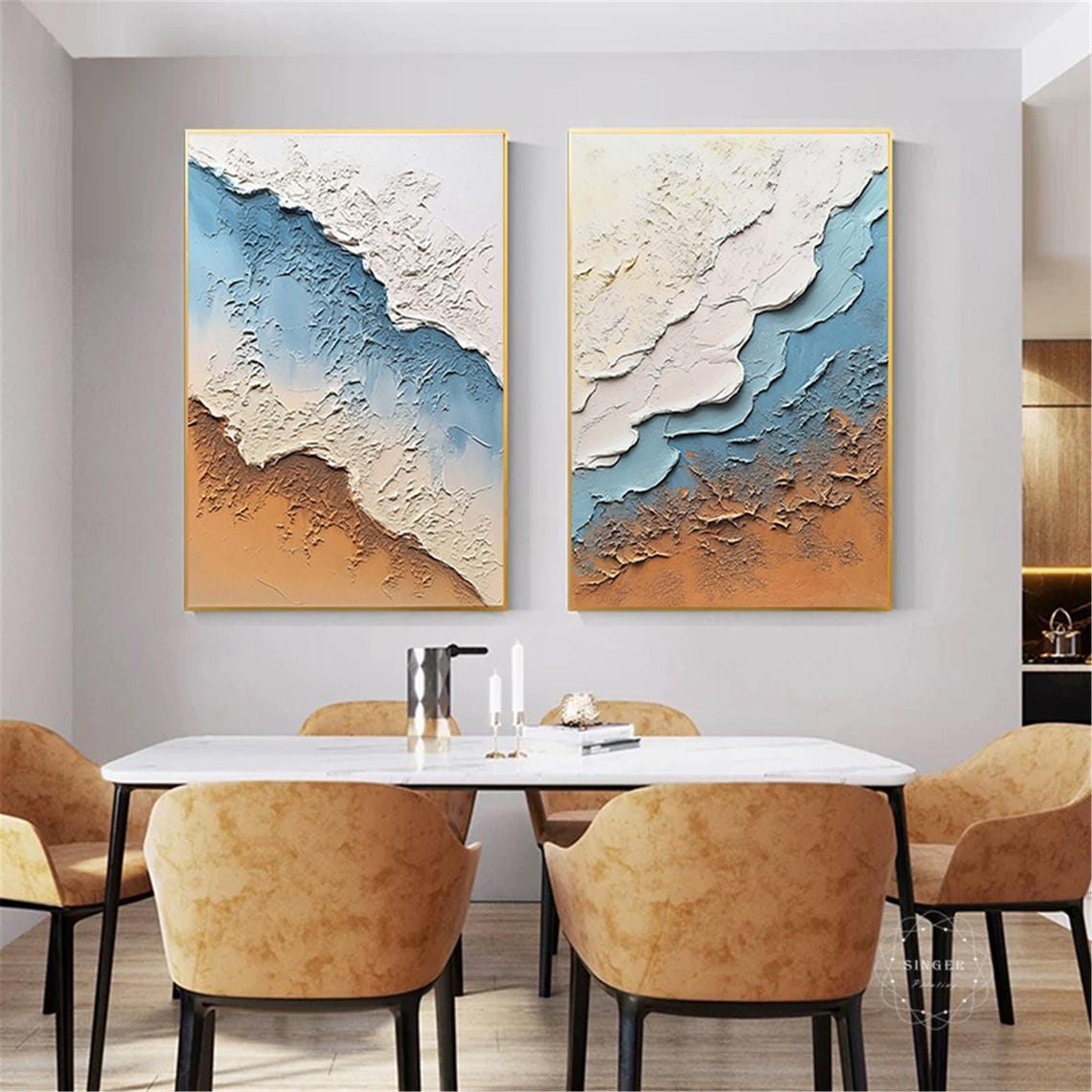 Two Piece Blue White Sea Waves Sandy Beach Diptych Coastal Wall Art - Image 5