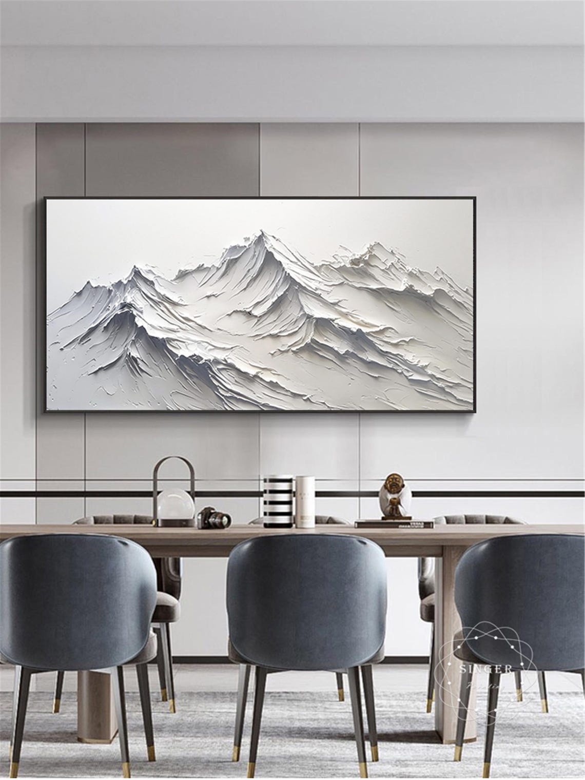 White Alpine Peaks 3D Textured Impasto Panoramic Mountain Poster - Image 3