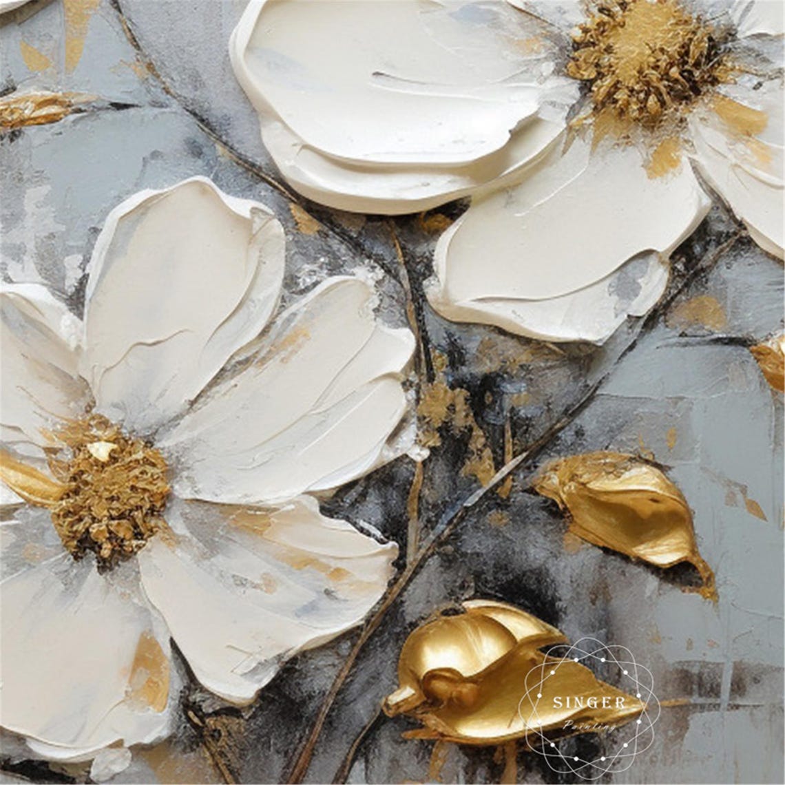 White Bloom Gold Center 3D Textured Impasto Painting Floral Poster - Image 5