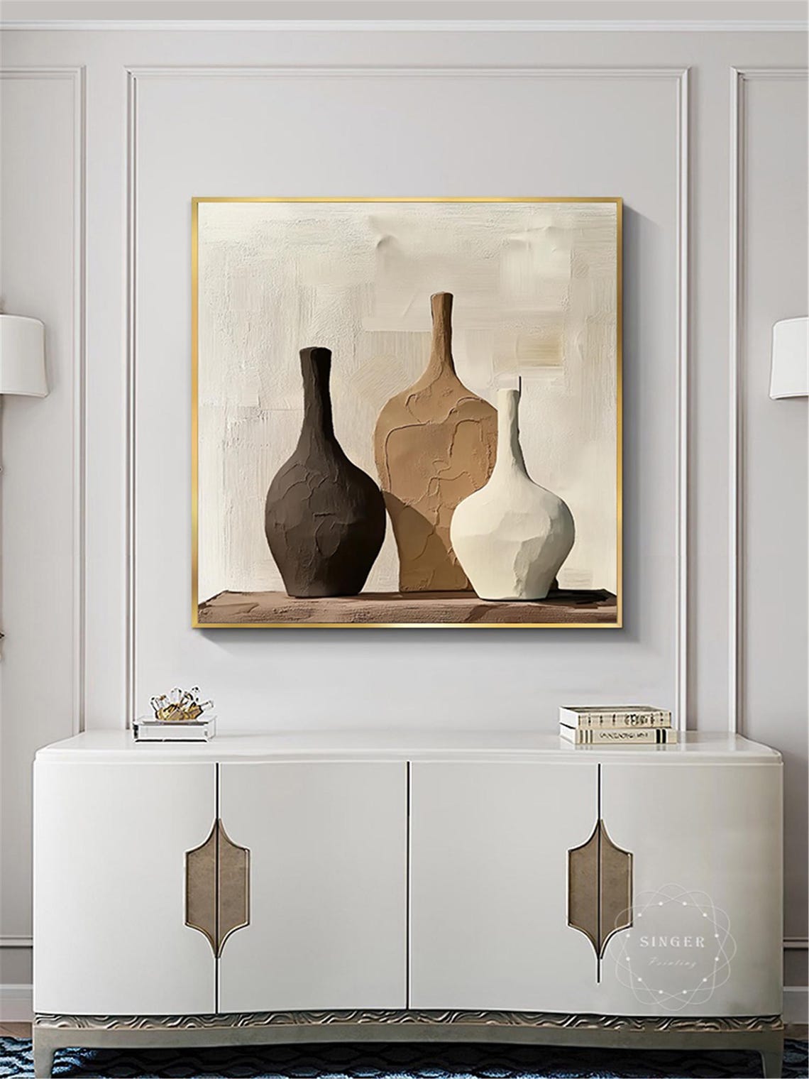Clay Vases Still Life 3D Textured Impasto Painting Neutral Wall Art - Image 4