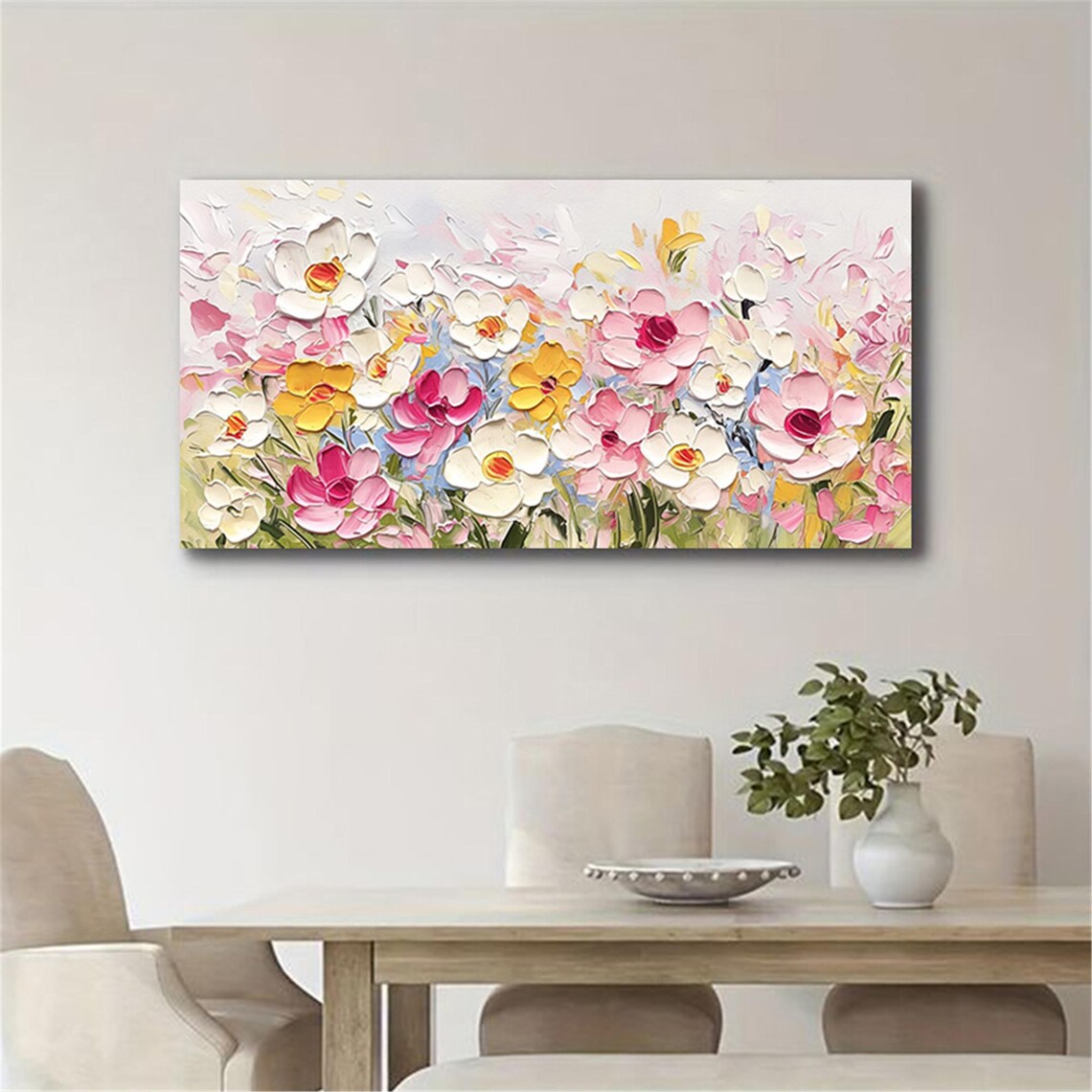 Pink Yellow White Wildflower 3D Textured Floral Painting Poster - Image 3