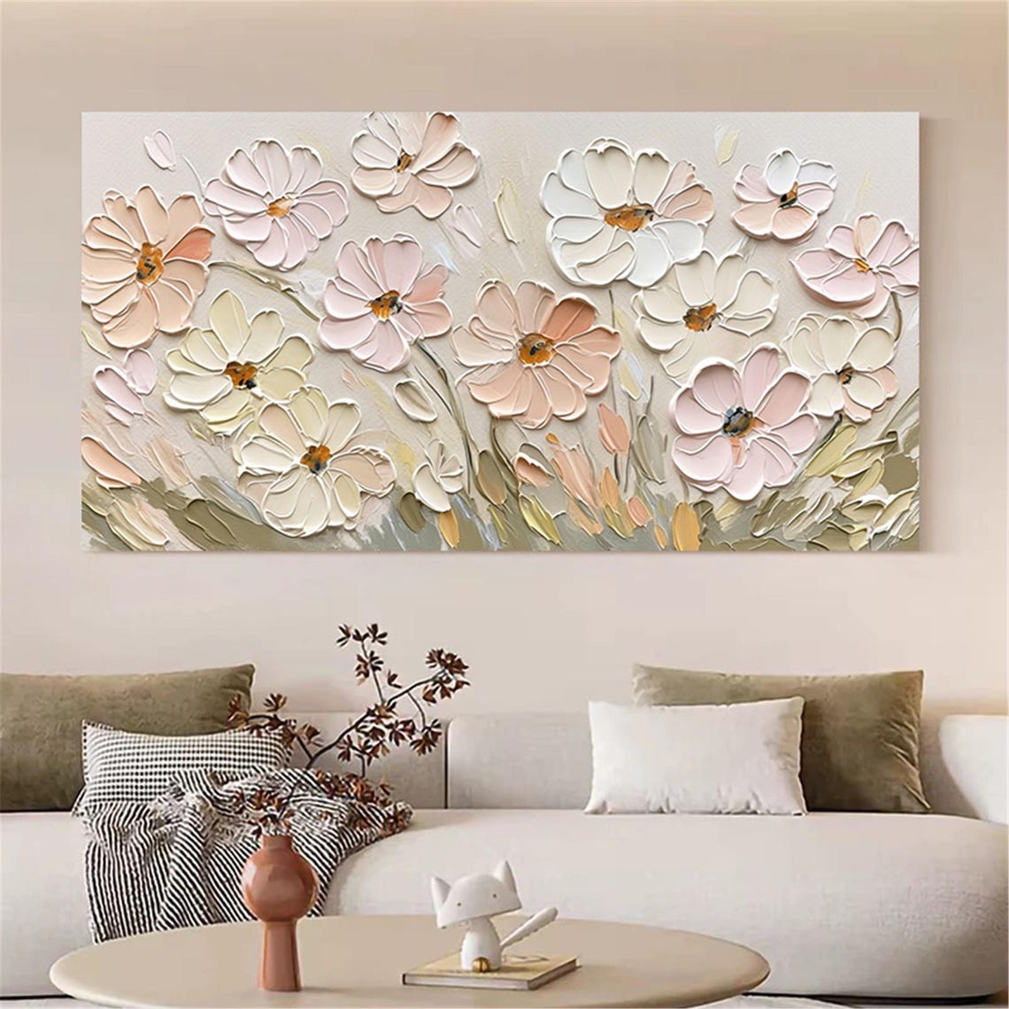 White Pink Cosmos Neutral Gray 3D Textured Floral Painting Poster - Image 4