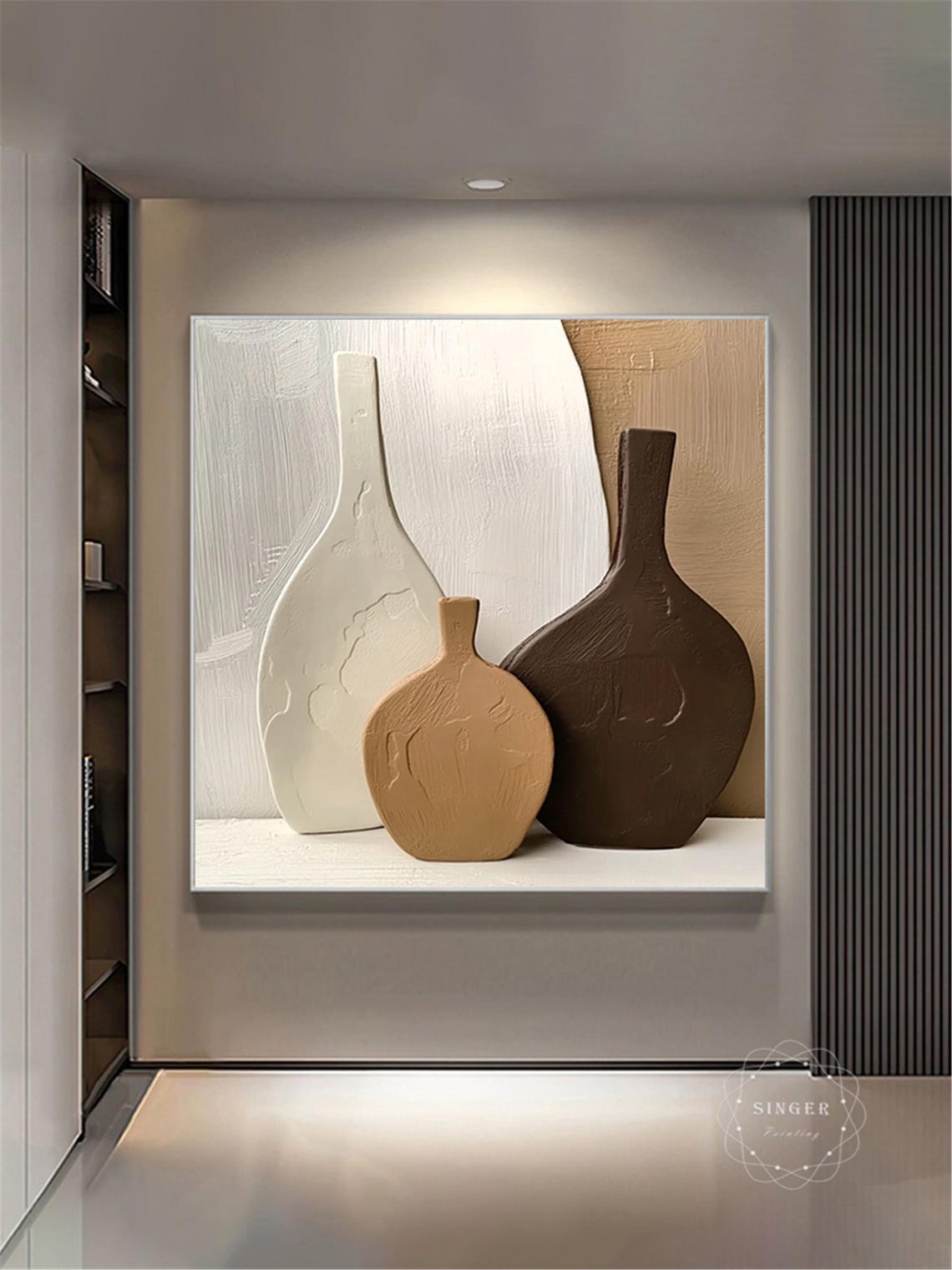 Minimalist Vases Still Life 3D Textured Painting White Tan Print - Image 5