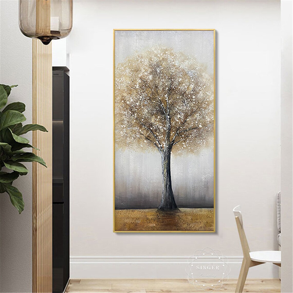 Abstract Tree Art Print, Gray Acrylic Texture, Gold - Image 3