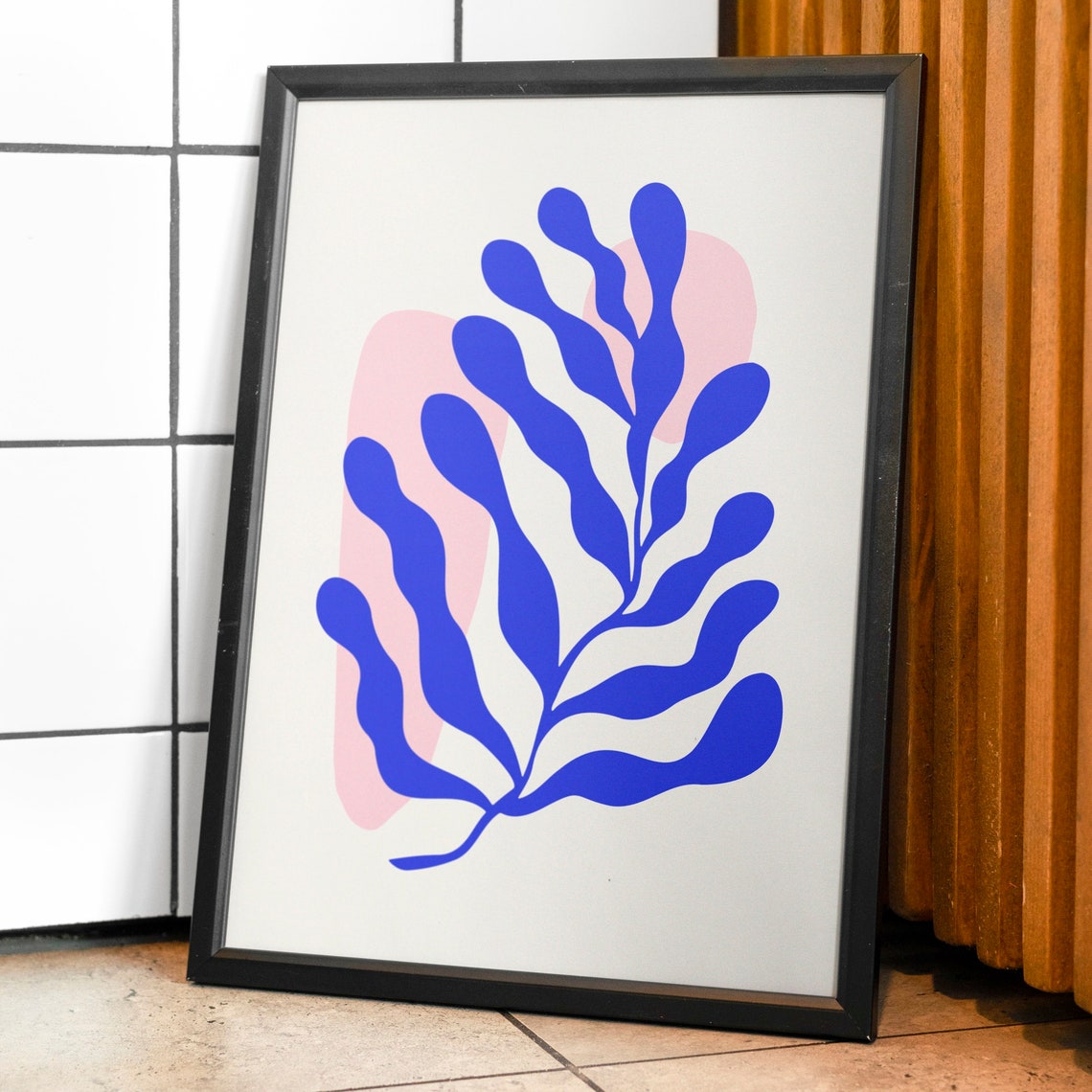 Blue Leaf Botanical Cutout Abstract Pink Backdrop Modern Art Print - Image 2