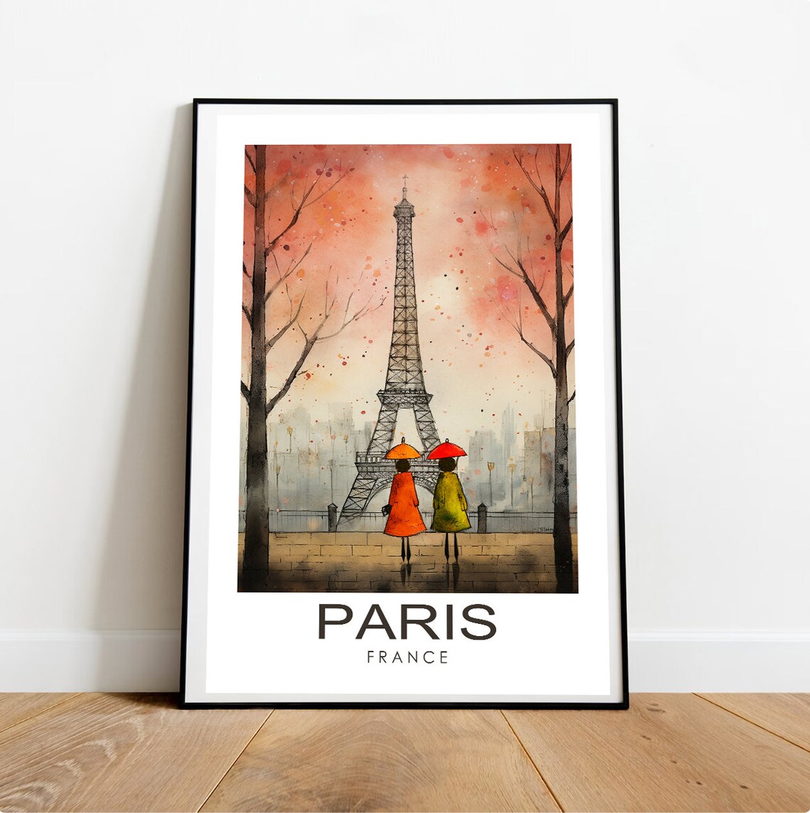 Paris France Eiffel Tower Rainy Watercolor Umbrellas Romantic Poster