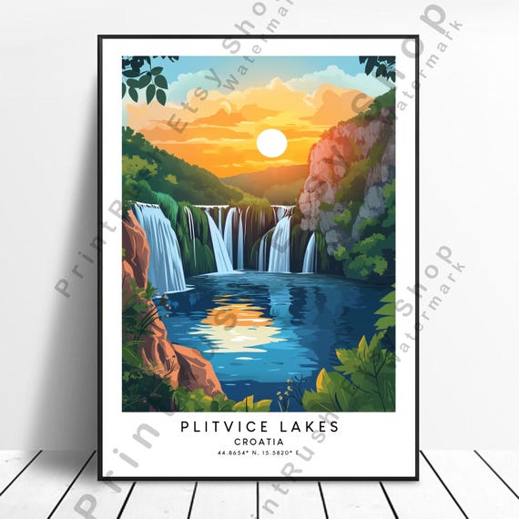 Croatia Art Print Plitvice Lakes Poster Illustration Wall Home Dcor Waterfall Plitvie
