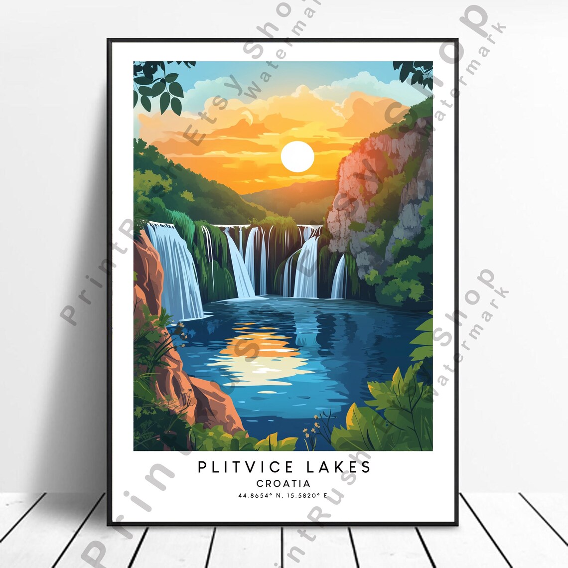 Plitvice Lakes Croatia Sunset Waterfalls Blue Lake Travel Poster